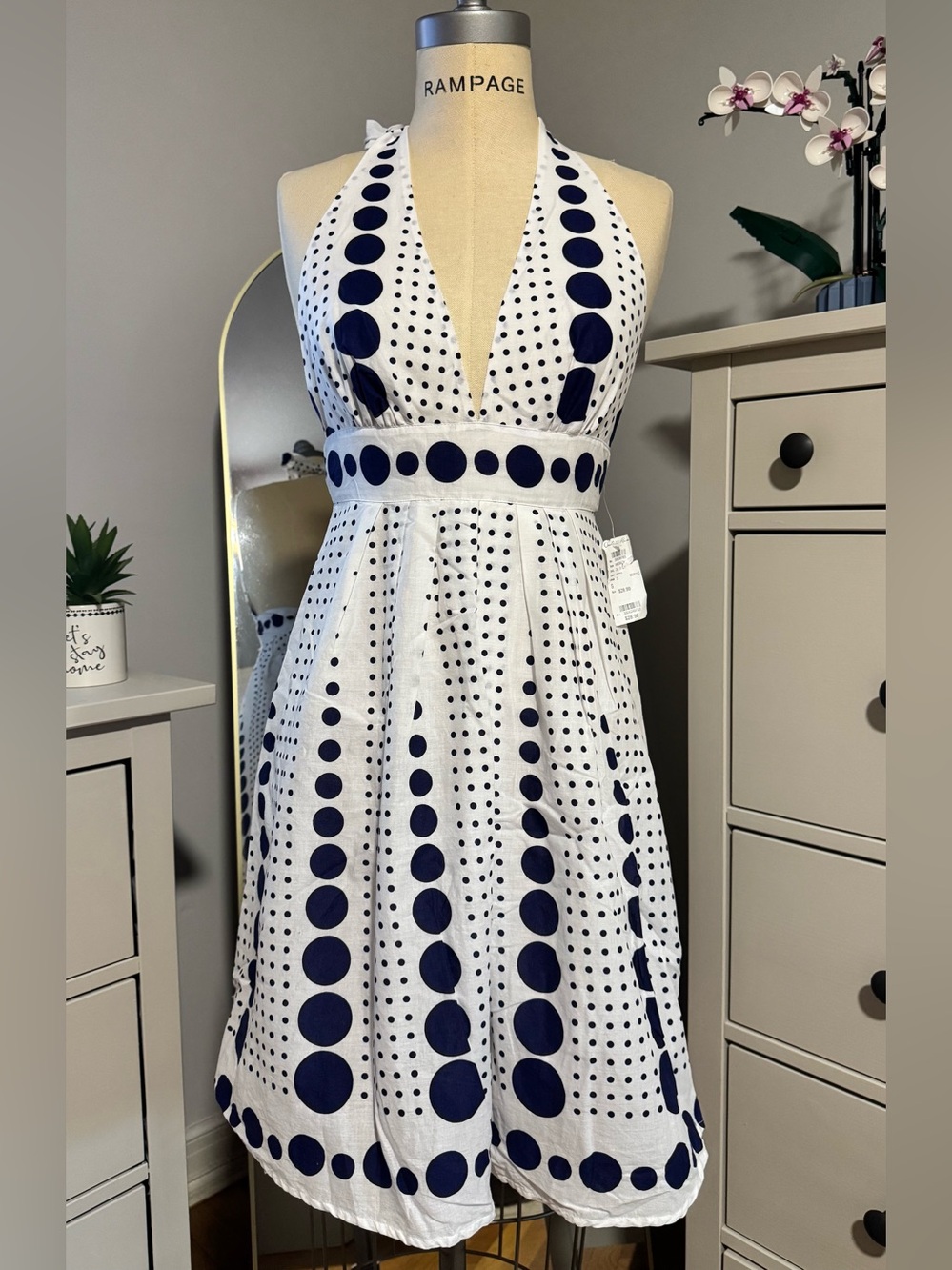 NWT Y2K Deadstock Charlotte Russe Navy Polka Dot Halter Mini Dress - Size‎ Small